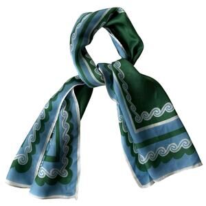 Vintage Green Blue Wave Border Oblong Scarf 41” Maximalist‎ Mod Print No Tag